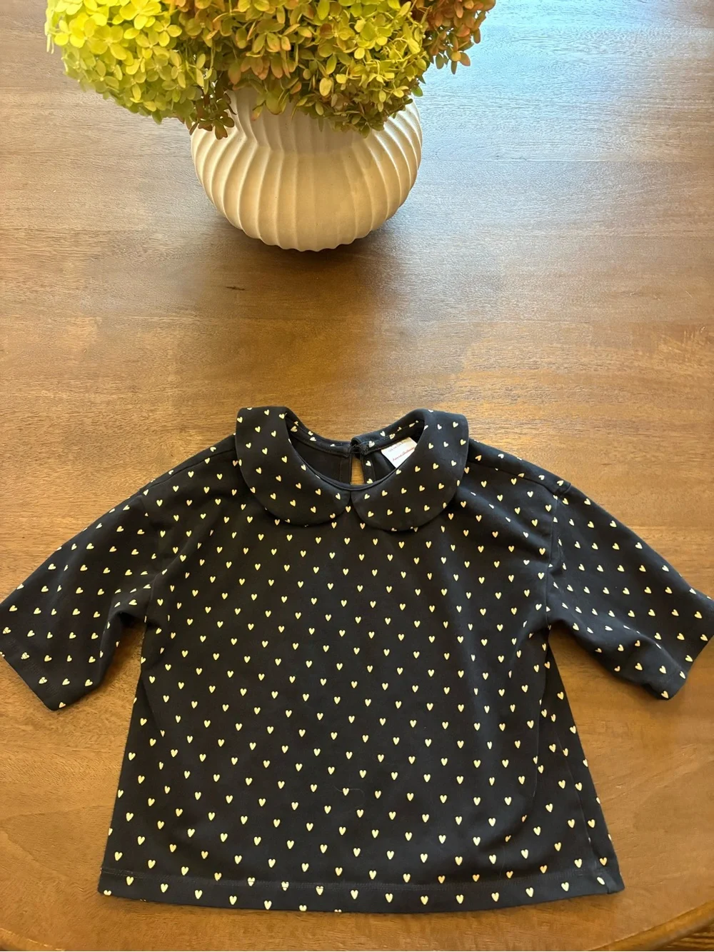 Hanna Andersson Black Top with Ivory Heart Print and Peter Pan Collar